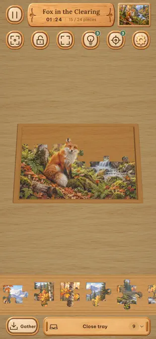 A fox jigsaw puzzle in progress on the game’s wooden 3D board
