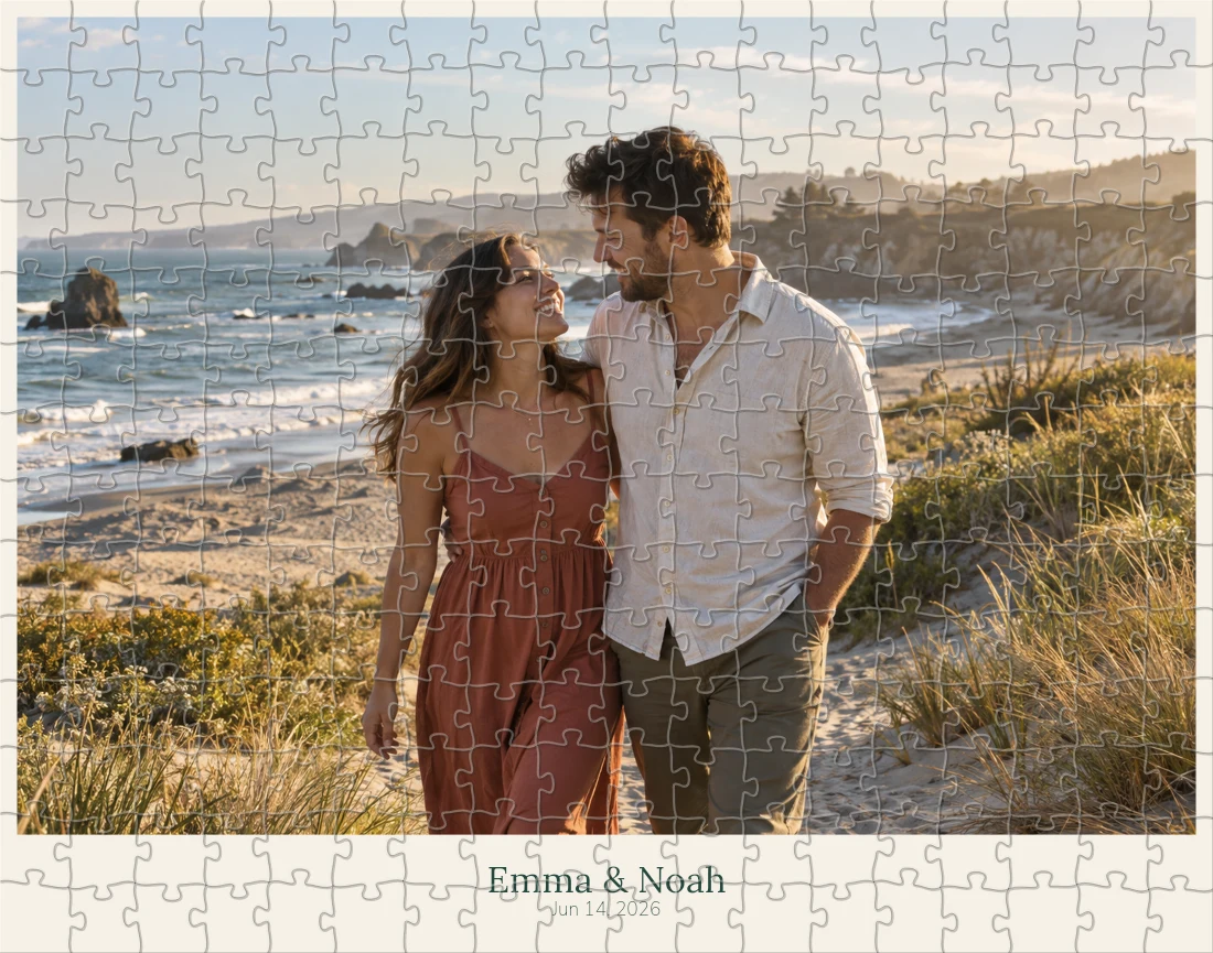 Custom jigsaw puzzle mockup featuring a couple by the coast, with their names and a date