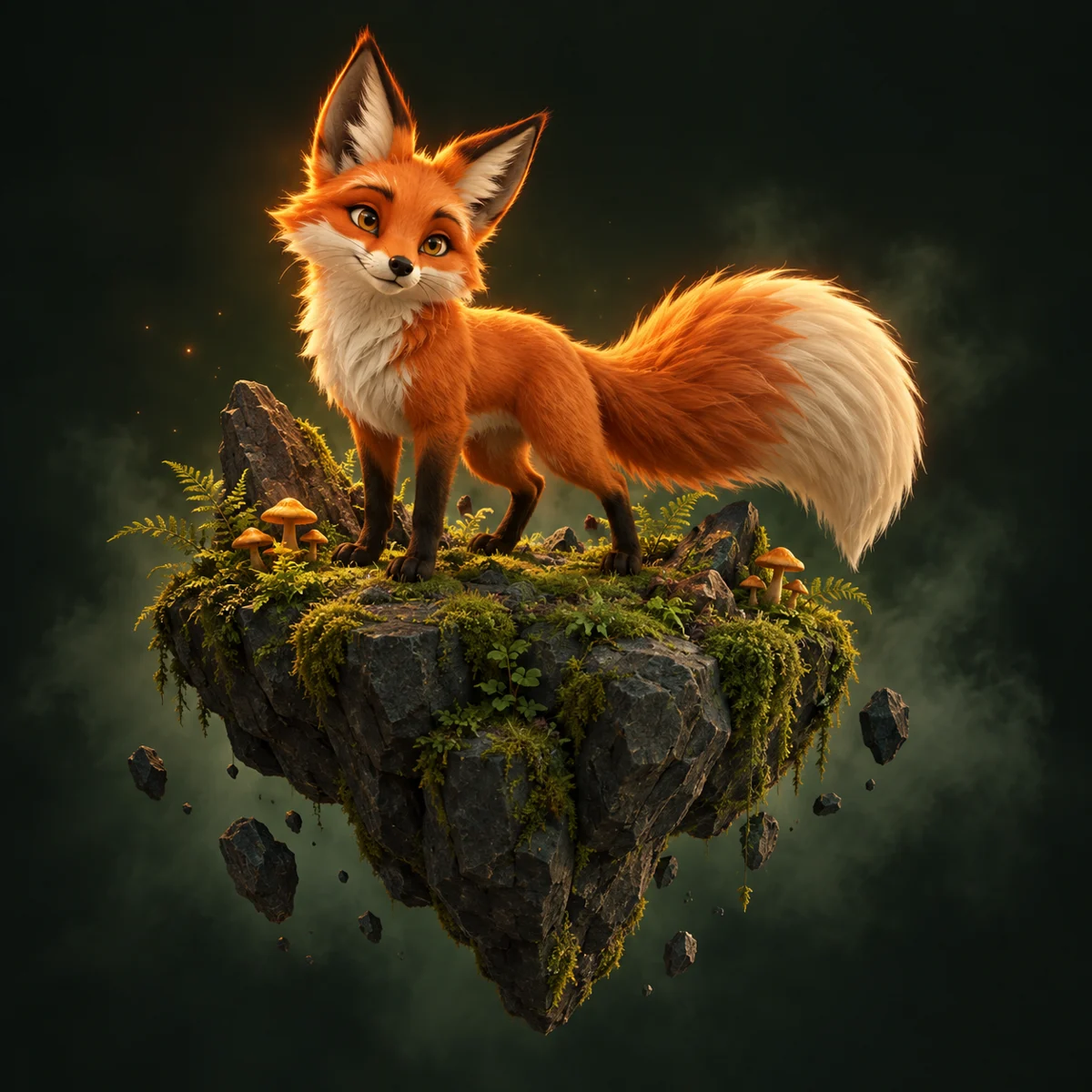 A curious orange fox standing on a tiny floating forest island